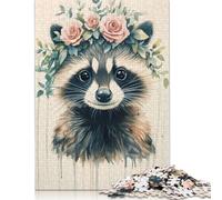 Rompecabezas de Mapache con Corona de Flores, difícil desafío, 100% cartón Reciclado, para Adultos a Partir de 12 años, Regalo, 1000 Piezas (38 x 26 cm)