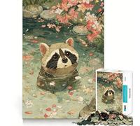 Rompecabezas de Mapache en Estanque con Flores de Cerezo, 1000 Piezas para Adolescentes, Juego de lógica, Tiempo de Juego, Pieza de colección de Arte de Corte preciso (38x52cm)
