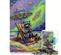 Rompecabezas de mapaches de Vacaciones en la Playa bajo un OVNI para Adolescentes, 1000 Piezas, para Recordar, estimular, Relajarse, Corte Suave, Regalo Elegante (38x52cm)