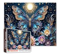 Rompecabezas de mariposas y flores de 1000 piezas para adultos, cielo nocturno, estrellas, luna, planta, una mariposa extendiendo sus alas, rompecabezas desafiante para familiares o amigos, juego