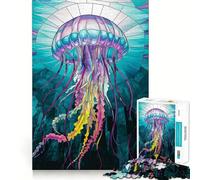 Rompecabezas de Medusas de vitral Vibrantes en Las Profundidades del océano Juego de Memoria de 1000 Piezas Manualidad de Corte de Alta precisión Desafío Cerebral Interactivo para el hogar (38x26cm)