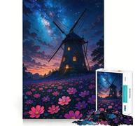 Rompecabezas de Molino de Viento y Flores bajo un Cielo Estrellado para Adolescentes,1000 Piezas,Juego para desarrollar la Mente,Cortado con láser para un Tiempo de relajación y Ejercicios mentales