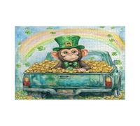 Rompecabezas de mono del día de San Patricio para adultos, 1000 piezas, rompecabezas de madera de animales de granja, decoraciones impresas de campo arcoíris para fiesta de entretenimiento