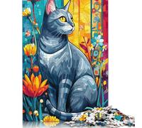 Rompecabezas de Mosaico de 1000 Piezas con diseño de Gato en un jardín Floral. Rompecabezas de Madera para Adultos. Juego Educativo para niños 1000 Piezas (75 x 50 cm).