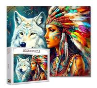 Rompecabezas de Mujer afroamericana y Lobo de 1000 Piezas para Adultos, Tocado Colorido de atrapasueños de 20 x 27 Pulgadas, Hermoso Rompecabezas de Retrato Nativo Americano, Arte Colorido de Arte