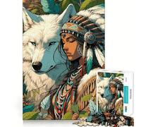 Rompecabezas de Mujer nativa Americana y Lobo para Adultos, 1000 Piezas, Juguete para ejercitar la Mente, diversión en Interiores, Corte de precisión, Regalo navideño (50x75cm)