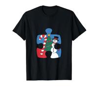 Rompecabezas de muñeco de Nieve navideño Rompecabezas de bastón de Caramelo Camiseta gráfica económica, Hombre, Negro, M