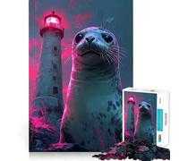 Rompecabezas de neón con diseño de Foca y Faro, 1000 Piezas, Juguete cognitivo para Adultos, Divertido Montaje de imágenes, Pieza de colección (38x52cm)