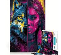 Rompecabezas de neón con diseño de Lobo Nativo Americano para Adultos, 1000 Piezas, Juguete de lógica, Momento de Paz, Corte Suave, Regalo Premium (38x52cm)