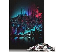 Rompecabezas de neón del Horizonte de Estambul, Rompecabezas Rectangular de Papel Entrelazado preciso para Adultos y niños, 1000 Piezas (26 x 38 cm)