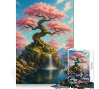 Rompecabezas de Paisaje con Cascada y cerezos en Flor,1000 Piezas,para Pensar con claridad,Relajarse y desconectar Bordes precisos Elegante (38x26cm)