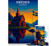 Rompecabezas de Paisaje Sueco con Iglesia y Bandera para Adolescentes, 1000 Piezas, para Mejorar la Memoria, para Disfrutar Lentamente, con Bordes limpios, 38x26cm