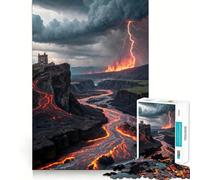 Rompecabezas de Paisaje volcánico con Castillo y relámpagos 1000 Piezas Juego de concentración Mental Corte de precisión Bordes Suaves Juego Que fomenta la conexión Entre Diferentes Elementos