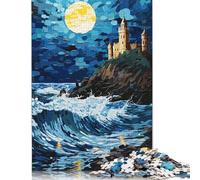 Rompecabezas de papel rectangular con diseño de castillo en un acantilado y olas, ideal para decoración del hogar, para adultos y adolescentes, regalo para el Día de la Madre, 1000 piezas (75 x 50 cm)