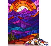 Rompecabezas de Papel Rectangular con diseño de montaña y Atardecer en vitrales, cumpleaños de niño o niña, 1000 Piezas (75 x 50 cm)
