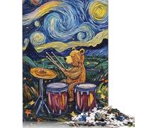 Rompecabezas de Papel Rectangular de Oso tamborileando bajo una Noche Estrellada, Juguete de descompresión para Adultos a Partir de 12 años, 1000 Piezas (26 x 38 cm)