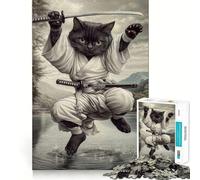 Rompecabezas de Pared difícil con diseño de Gato Negro samurái para Adultos, 1000 Piezas, para Recordar, estimular la Calma, Tranquilidad, Corte Suave, Regalo clásico (38x52cm)
