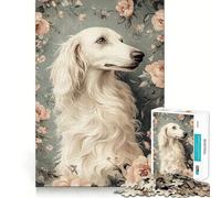 Rompecabezas de Perro Borzoi Blanco en Marco Floral para Adultos 1000 Piezas Juego de Memoria Cortado con láser para un Ajuste Perfecto aliviar el estrés (50x75cm)