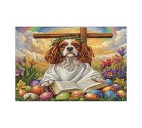 Rompecabezas de perro Cavalier King Charles Spaniel de Pascua para adultos, 1000 piezas, rompecabezas de madera con estampado de huevo de cruz retro, decoraciones de patrón de campo para fiesta de