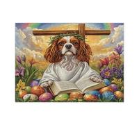 Rompecabezas de perro Cavalier King Charles Spaniel de Pascua para adultos, 500 piezas, rompecabezas de madera con estampado de huevo de cruz retro, decoraciones de patrón de campo para fiesta de