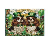 Rompecabezas de perro Cavalier King Charles Spaniel de San Patricio para adultos, 300 piezas, rompecabezas de madera con diseño de cachorros de vidrieras, decoraciones de patrón de mascotas para