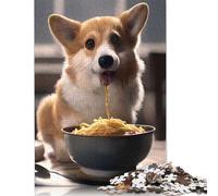 Rompecabezas de Perro Corgi Comiendo Ramen, desafío difícil, 100% cartón Reciclado, para Adultos a Partir de 12 años, 1000 Piezas (26 x 38 cm)