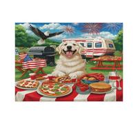 Rompecabezas de perro del 4 de julio de los Grandes Pirineos para adultos, 500 piezas, rompecabezas de madera para barbacoa de 250 años, decoración de aniversario americano para entretenimiento en el