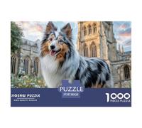 Rompecabezas de Perro para Adultos: Aussie Stands by Grand Building, Juego Educativo de descompresión y decoración de Pared, 38 x 26 cm (1000 Piezas)