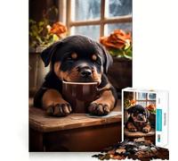 Rompecabezas de Perro Rottweiler Coffee Pup para Adolescentes, 1000 Piezas, Recall Upgrade, Relajante, Divertido, Arte de Pared de Corte nítido, decoración (38x26cm)