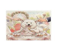 Rompecabezas de perro samoyedo con temática de boda para adultos, 1000 piezas, rompecabezas de madera con estampado de pastel de matrimonio extraño al aire libre, decoraciones de patrón de amor para