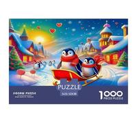 Rompecabezas de pingüinos para Adultos para descomprimir: Pingüinos en Trineo en un Pueblo nevado, Juego Educativo, desafío, decoración de Pared, 52 x 38 cm (1000 Piezas)