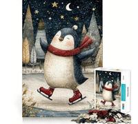 Rompecabezas de pingüinos patinando sobre Hielo con Escena Invernal para Adolescentes, 1000 Piezas, fortalece la Memoria, Alivia la tensión, Bordes Suaves, Sorpresa navideña (38x52cm)