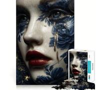 Rompecabezas de Porcelana Lágrimas Kintsugi Mujer en Azul y Oro para Adolescentes 1000 Piezas Wise Think Toy Gentle Leisure Tight Cut Santa Wish List (38x52cm)