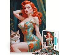 Rompecabezas de Retrato de Chica Pelirroja Pin-up con Gato para Adultos, 1000 Piezas, Juguete para desarrollar la Mente, pasatiempo Tranquilo, diseño, Montaje, Regalo navideño (38x26cm)