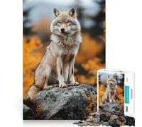 Rompecabezas de Retrato de Lobo sobre Roca en otoño para Adultos,1000 Piezas,estimulación Mental,Juego de Corte preciso,alineación, Actividad para Fortalecer los Lazos Familiares (38x26cm)