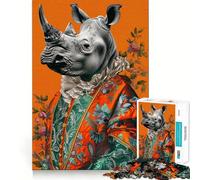 Rompecabezas de Rinoceronte rococó sobre Fondo Naranja para Adolescentes, 1000 Piezas, diseño Relajante y Divertido, decoración de Pared con Corte nítido (38x26cm)