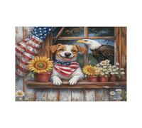 Rompecabezas de Russell Terrier del 4 de julio para adultos, 1000 piezas, rompecabezas de madera de granja de 250 años, decoración impresa de aniversario patriótico para entretenimiento creativo