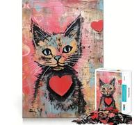Rompecabezas de San Valentín con Gato y corazón,1000 Piezas,Juego de concentración Mental,Corte de precisión,Bordes Suaves,Juego para Crear Conexiones significativas (50x75cm)