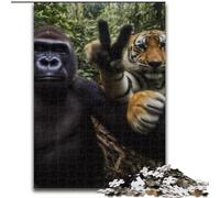 Rompecabezas de selfis de chimpancé y Tigre para Adultos, Juguete Educativo antiestrés, Toda la Familia, 50x75cm