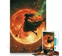 Rompecabezas de Silueta de Bruja Volando Ante una Luna ardiente para Adolescentes, 1000 Piezas, Juguete de lógica Mental, Alivio del estrés, Corte Firme, Regalo de Santa Claus 38x52cm