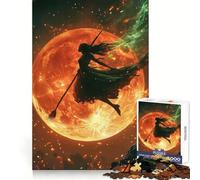 Rompecabezas de Silueta de Bruja Volando Ante una Luna ardiente para Adultos, 1000 Piezas Fortalece la Memoria Divertido y Relajante Bordes de Calidad Un Regalo Encantador 38x26cm
