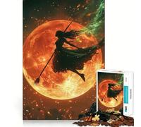 Rompecabezas de Silueta de Bruja Volando Ante una Luna ardiente para Adultos, 1000 Piezas Fortalece la Memoria Divertido y Relajante Bordes de Calidad Un Regalo Encantador 38x26cm