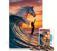 Rompecabezas de Siluetas de Caballo y Mujer con Olas del océano para Adultos, 1000 Piezas, Rompecabezas Mental, Montaje Lento, Disfrute de la Imagen, (38x26cm)