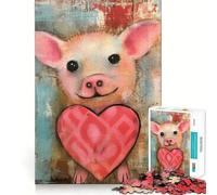Rompecabezas de técnica Mixta con diseño de Cerdito de San Valentín y un Lindo corazón 1000 Piezas para Jugar Juego Divertido,sin Rebabas y con Corte Limpio Portátil y fácil de Transportar (50x75cm)