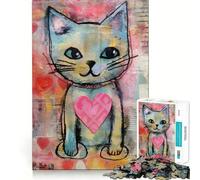 Rompecabezas de técnica Mixta con diseño de Gato de San Valentín y corazón Amoroso Juego de concentración Mental de 1000 Piezas Corte de precisión,Bordes Lisos Juego Que fomenta la conexión