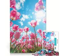 Rompecabezas de Tulipanes Rosas contra un Cielo Azul, 1000 Piezas, para Adolescentes, Juguete de lógica Mental, Escape Tranquilo, Arte de Bordes Finos, Coleccionable (50x75cm)