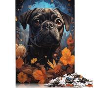 Rompecabezas de un Pug Negro con Flores, desafío difícil, 100% cartón Reciclado, Ideal para niños y Adultos, 1000 Piezas (75 x 50 cm)