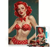 Rompecabezas de una Chica Pelirroja Pin-up en Bikini de Lunares Rojos para Adolescentes, 1000 Piezas, Mejora la Memoria, Alivio de la tensión, Borde Ajustado, Pieza de Arte Fino (38x26cm)