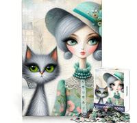 Rompecabezas de una Elegante Dama y un Gato atigrado,1000 Piezas para Adultos Mejora la Memoria Diversión Relajante Corte de Calidad Un Regalo Encantador (38x26cm)