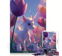 Rompecabezas de Unicornio y conejitos en un Campo de Tulipanes para Adolescentes 1000 Piezas Actividad Relajante para desarrollar la Capacidad de razonamiento Bordes limpios